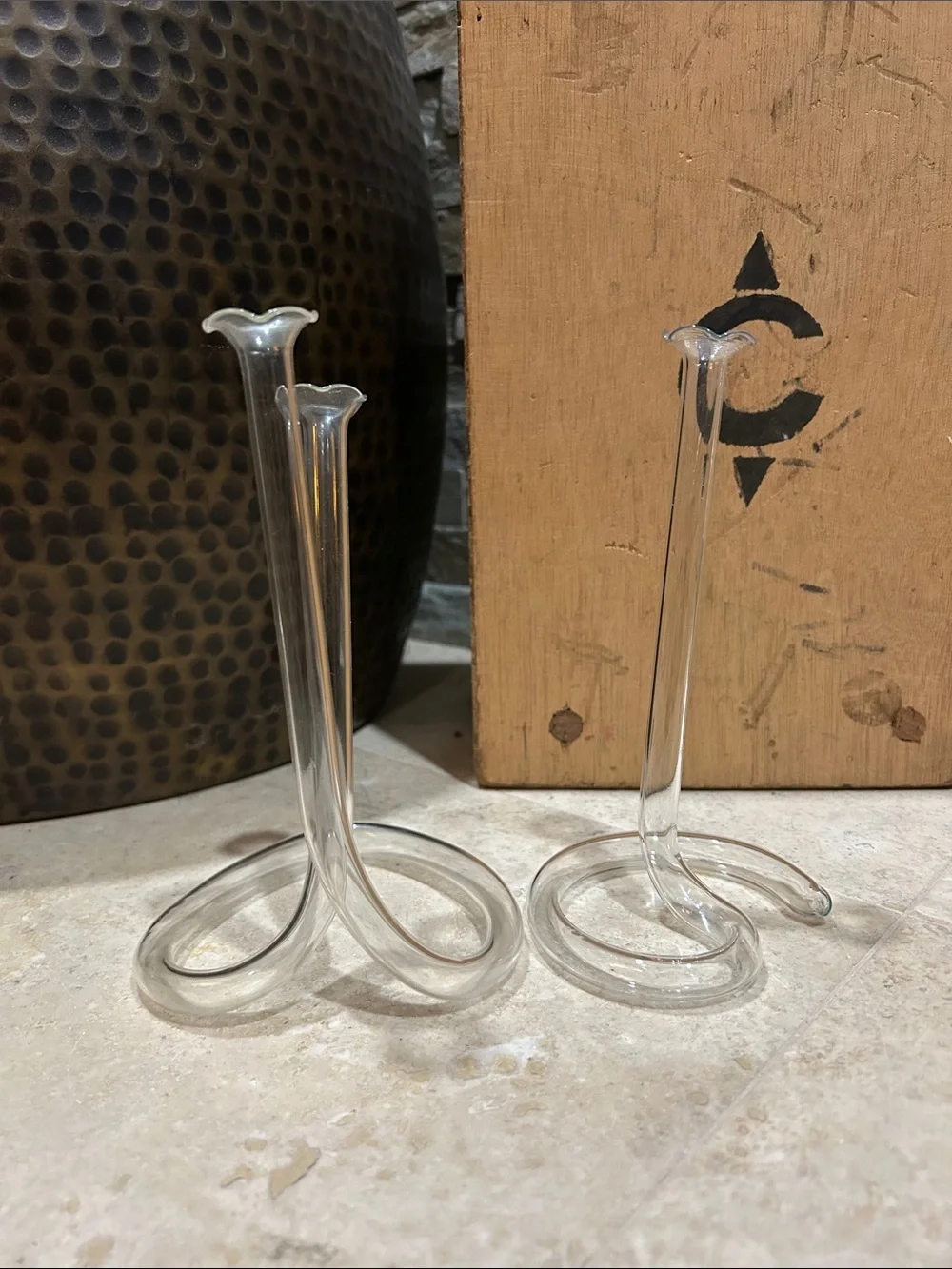 2 vintage hand-blown glass double cylinder twisted infinity tube bud vases